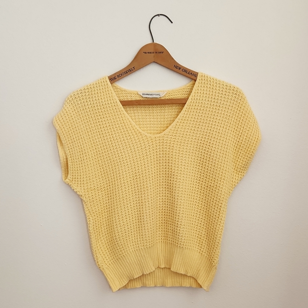 Vintage 1980S Crop Yellow Sweater Spring Short Sleeve Knit SMALL PETITE